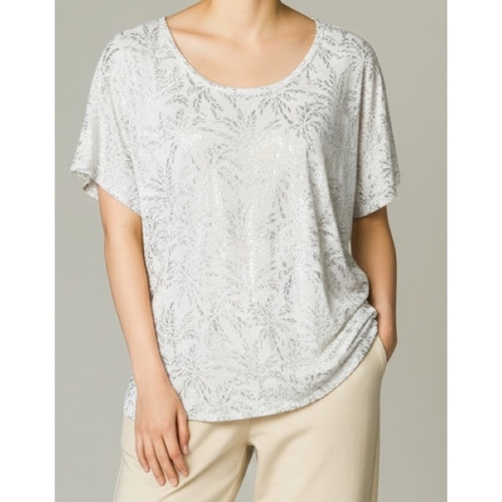 J. Crew Small White Silver Metallic Palm Tree T-Shirt Top